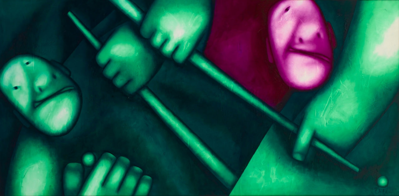 Billiard — two of Tselkov's masks, one green and one pink, gripping cues across a wide horizontal canvas, oil on canvas, 2013