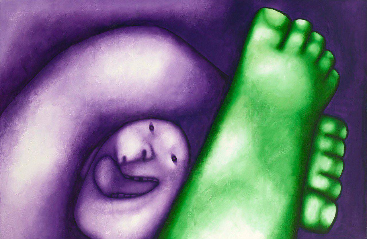 Head with Legs — a purple anthropomorphic head being met by a luminous green foot, oil on canvas, 2014
