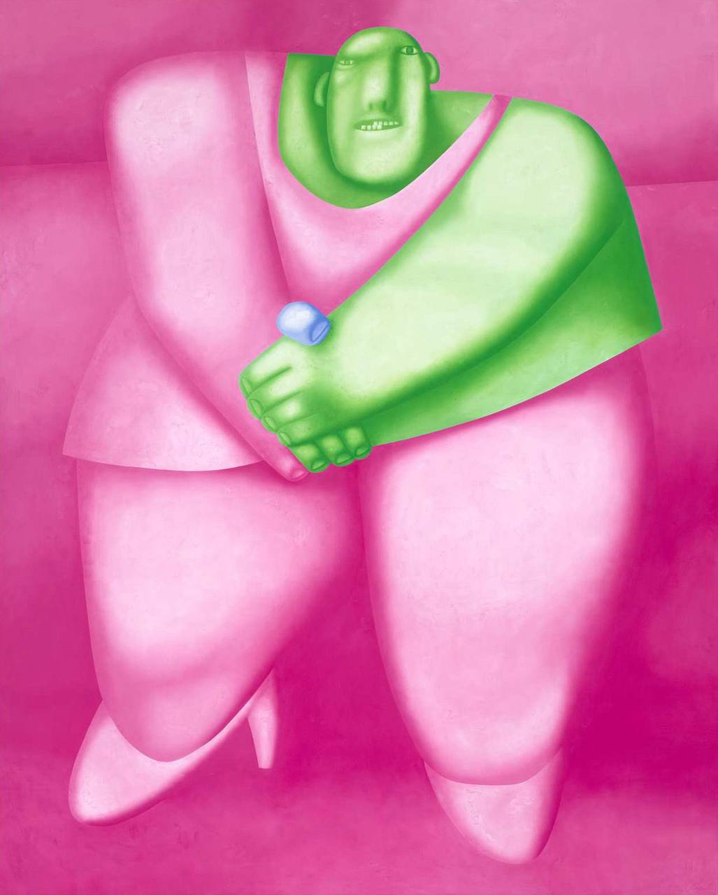 Walk — a monumental green-faced figure mid-step against a flat pink ground, oil on canvas, 2000